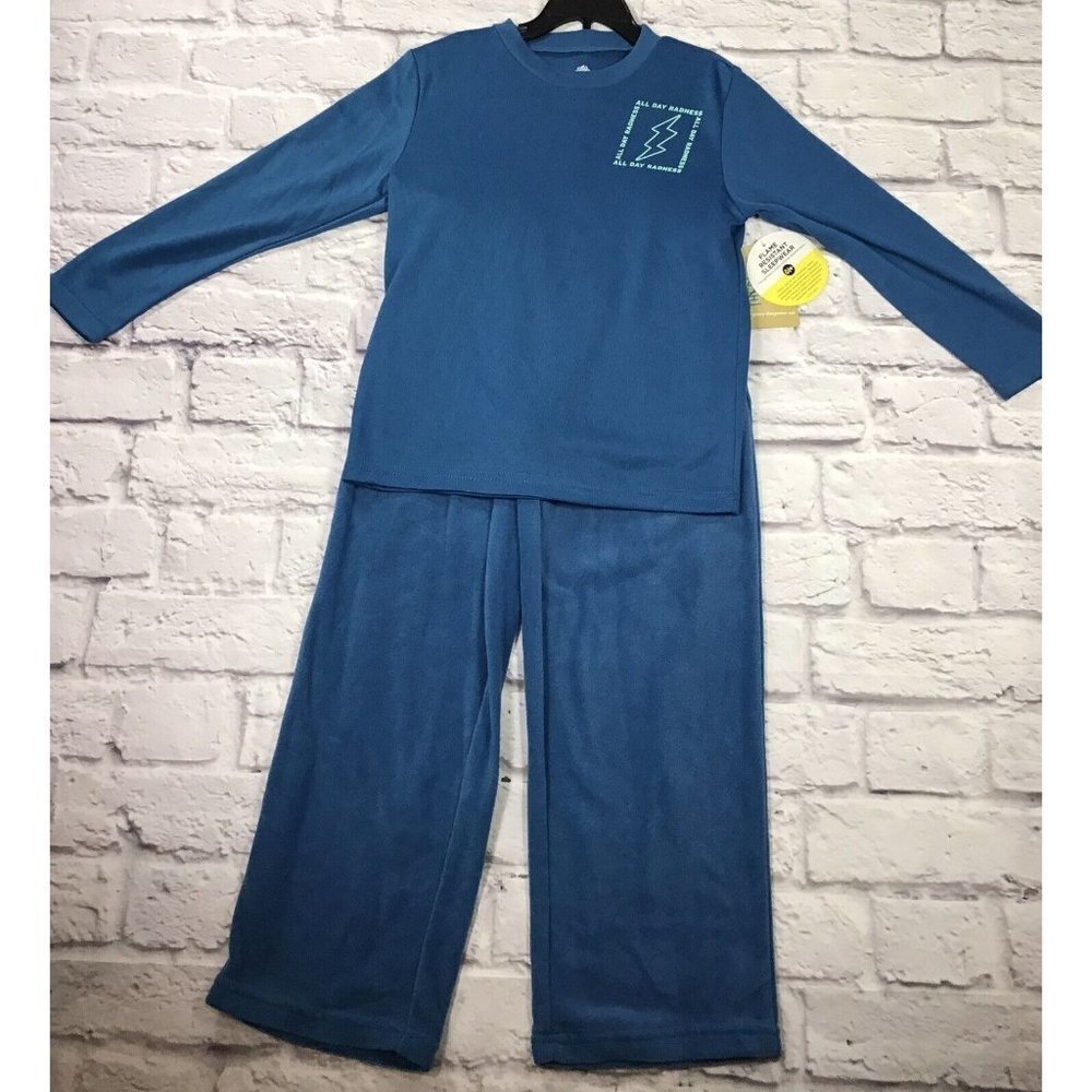NEW ThereAbouts Boys 2pc Long-Sleeve Pajama PJ Set Flame Resistant Teal Blue